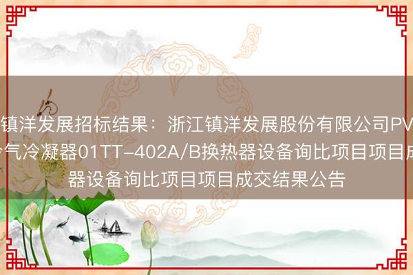 镇洋发展招标结果：浙江镇洋发展股份有限公司PVC装置部急冷气冷凝器01TT-402A/B换热器设备询比项目项目成交结果公告